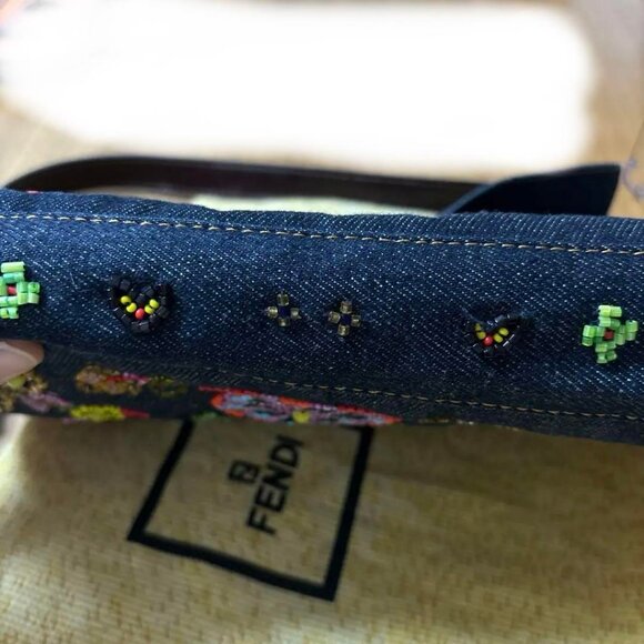 Authentic FENDI FF Denim Ricami Beaded Baguette Floral Blue Abstract Flap Purse - Picture 13 of 14